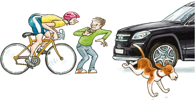 Illustration av en cyklist, en pojke och en bil med en hund