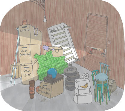 Illustration av en källare full med kartonger och en grönrutig filt