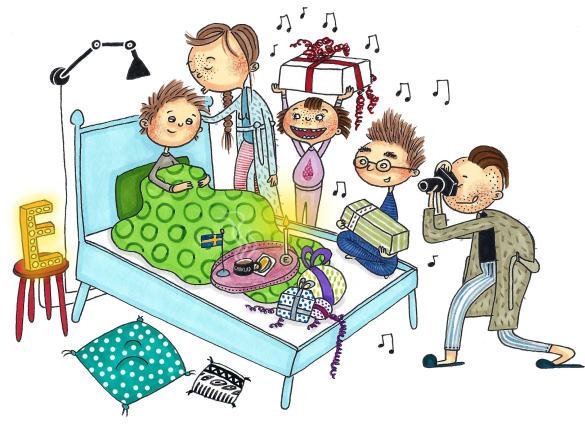 Illustration av familjen som sjunger för Erik på hans födelsedag