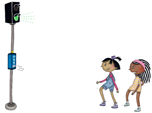 Illustration av ett trafikljus med grön gubbe och två barn som ska korsa gatan